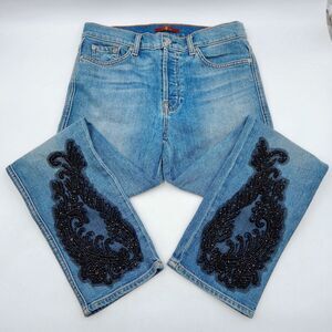 7 For All Mankind Jeans Women 28 Med Wash Blue Straight Button Fly Sequin Beaded